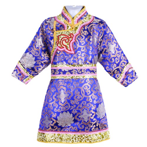 Boys Chinese folk dance costumes Mongolian national cosplay performance robes royal blue turquoise traditional dancing dresses